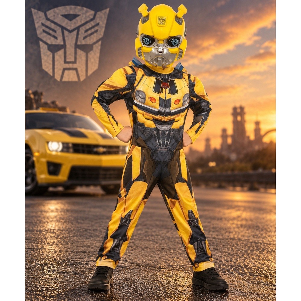Transformers Bumblebee Kids Costume Muscle Jumpsuit Mask Halloween Medium 7-8